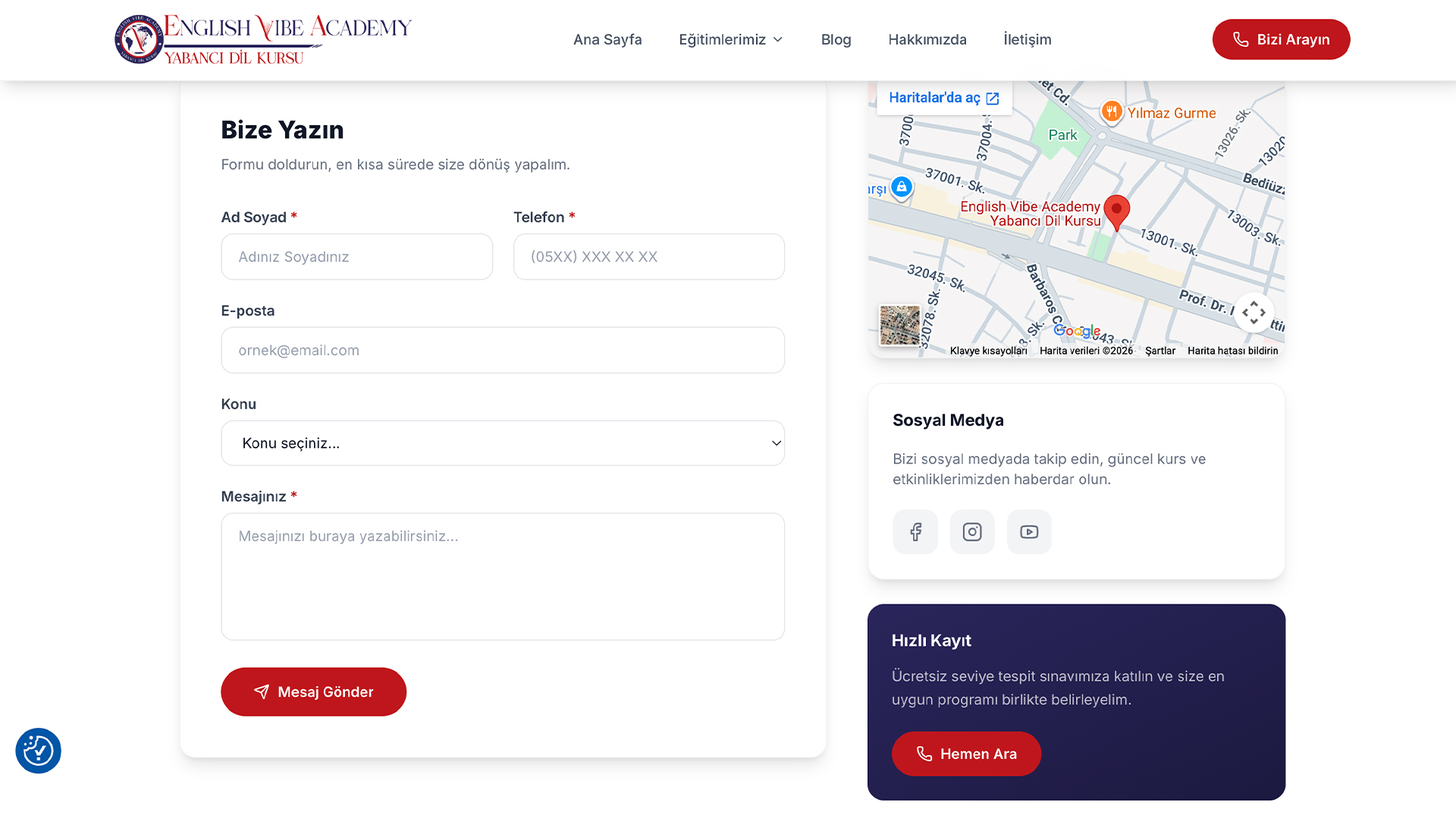 English Vibe Academy İletişim Sayfası